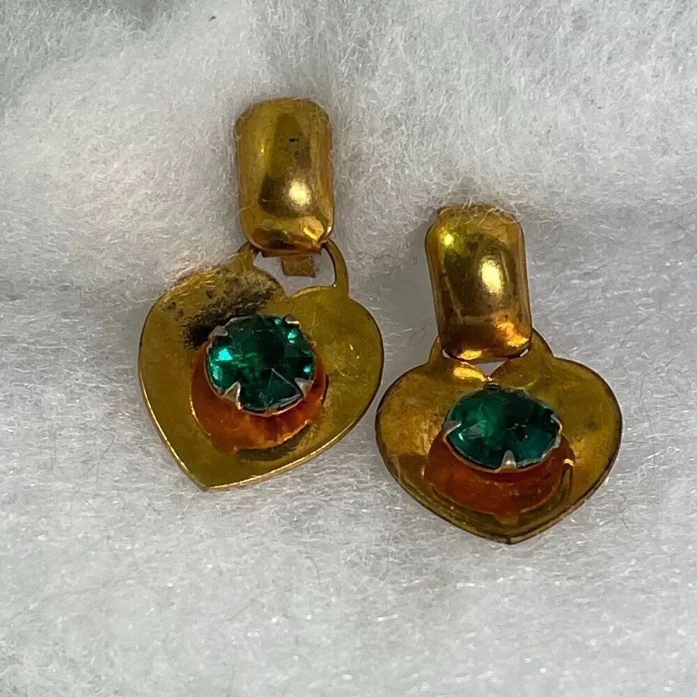 Vintage 1940’s gold tone heart drop earrings faux emerald centers.